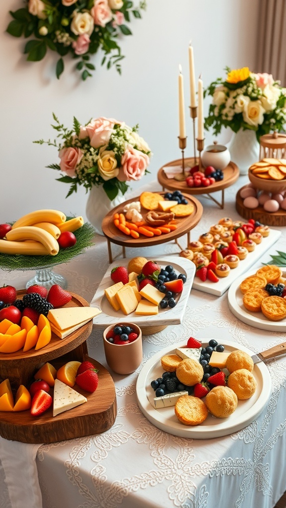 A beautifully designed wedding snack table with an assortment of gourmet snacks, fruits, and flowers.